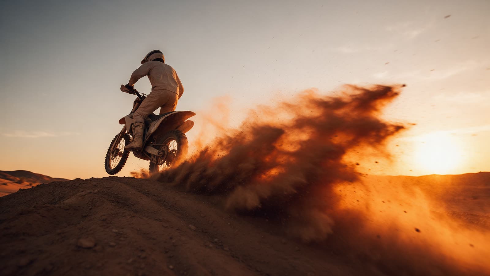 Dirt bike rider kicking up dust on a desert ridge at sunset