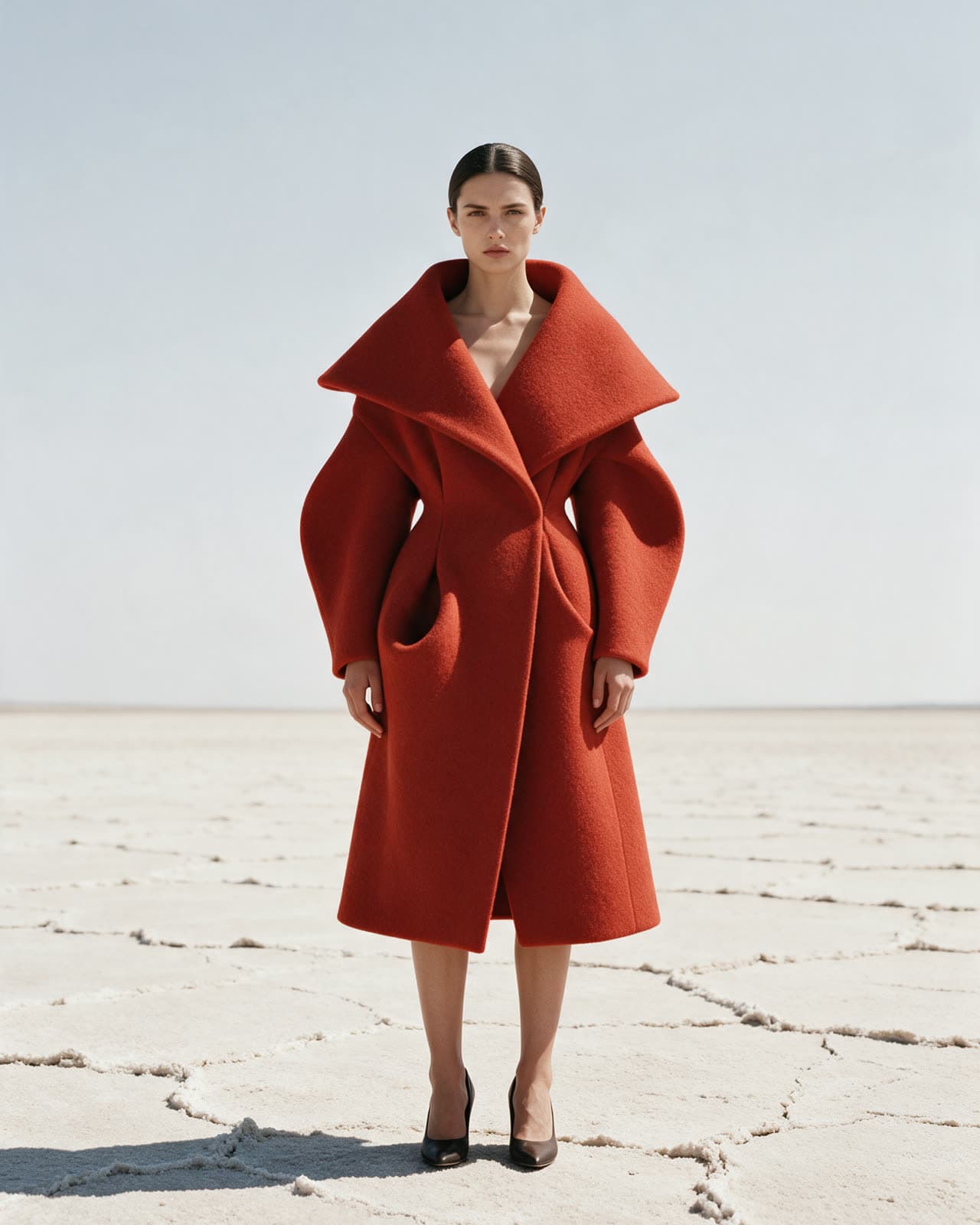 Model in a sculptural vermilion coat on a pale salt flat