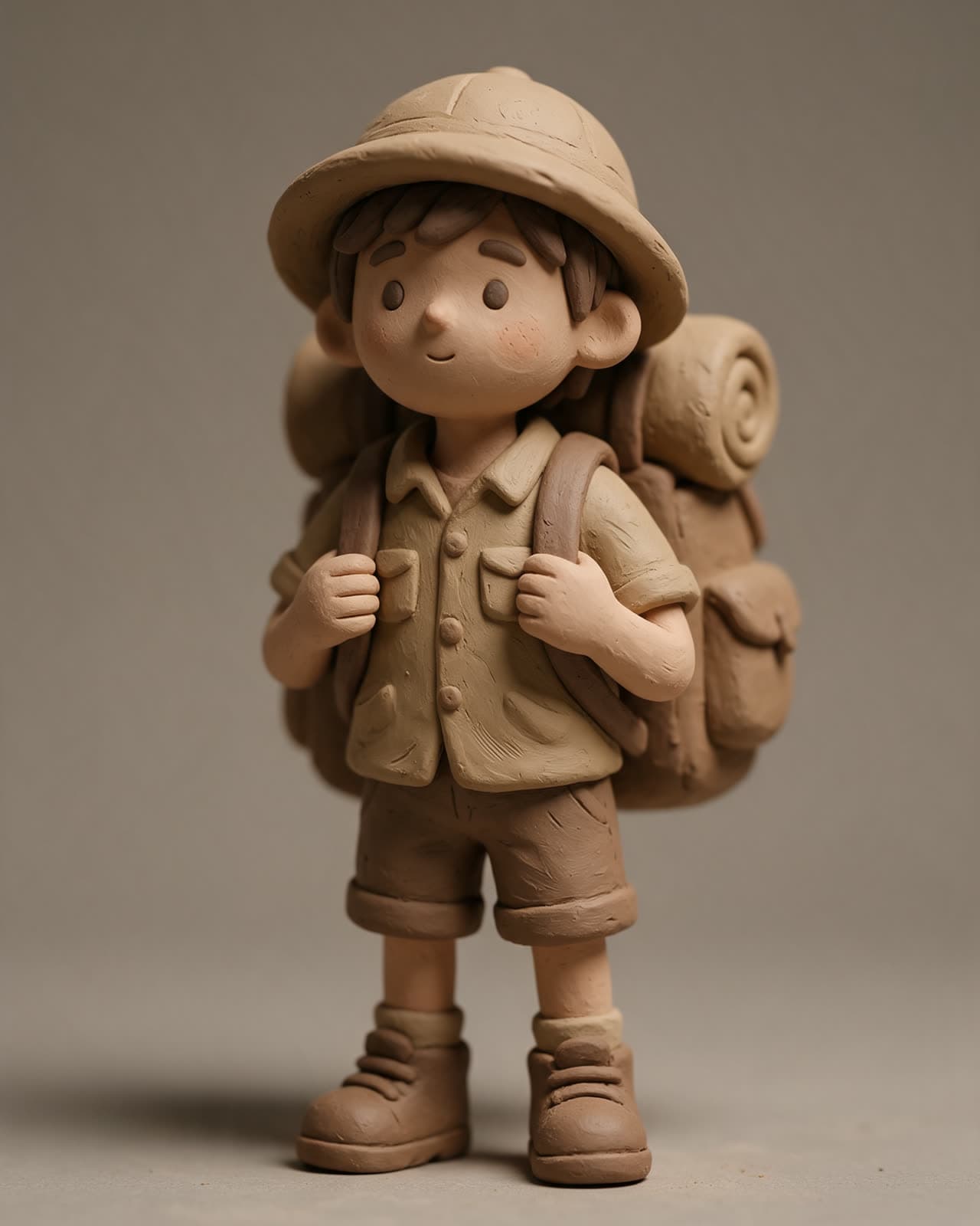 Handmade clay figure of an explorer with a big backpack