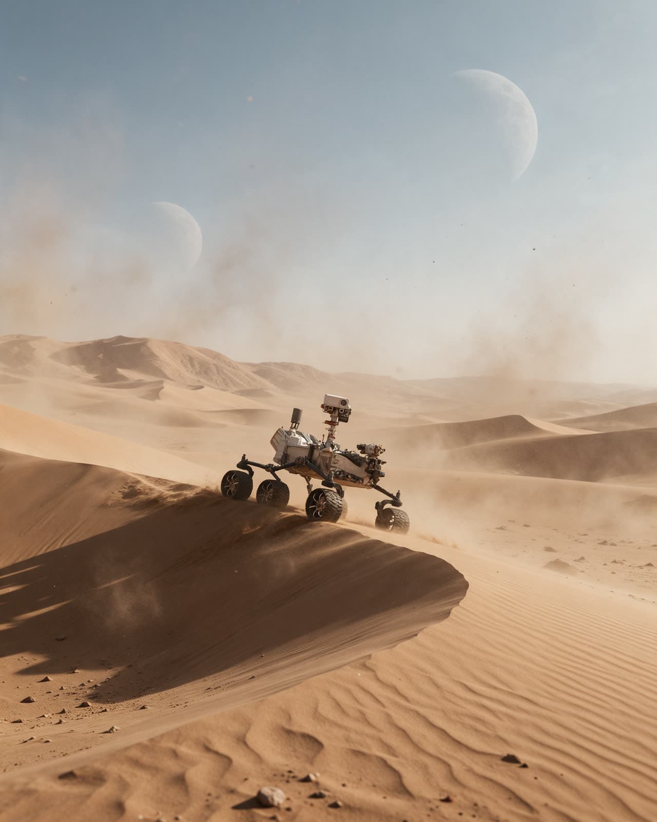 Lone rover crossing a dune under two pale moons