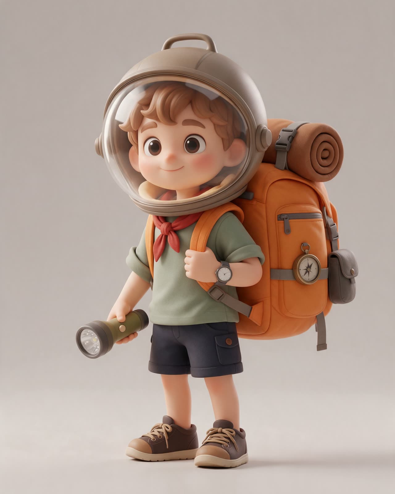 Stylised 3D character with a round helmet and backpack